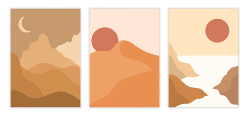 Abstract landscape poster set. Beautiful collection of pictures with mountains, sun, sea and moon. Design elements for covers and wall decoration. Modern flat vector collage on white background