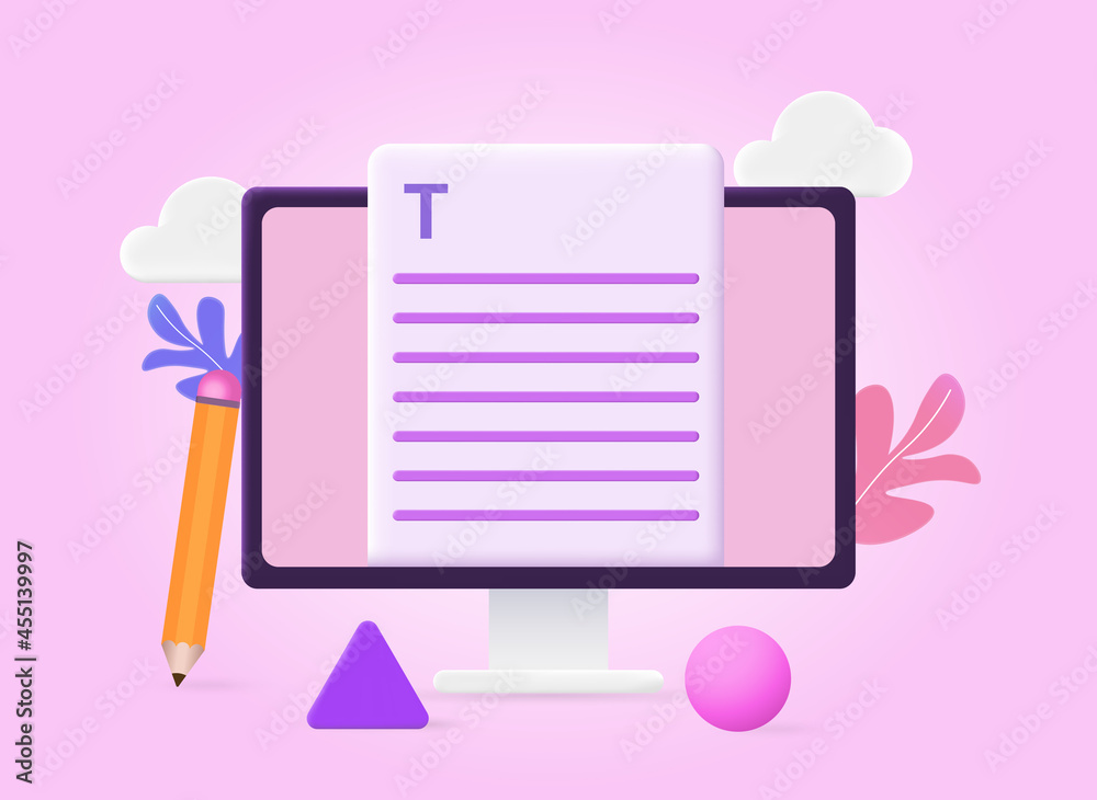 Fototapete online document concept. computer screen with open text file and large pencil. copywriting, journali