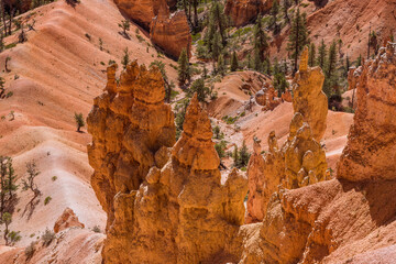 Closeup view down to the canyon floor and the walking trails in Bryce Canyon