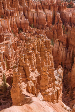 Closeup view of the orange sandstone formations down inside Bryce Canyon