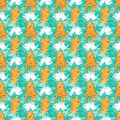 Watercolor tiger and tropical leaves seamless pattern on a white background. A hand-drawn cub of a walking tiger endless print. African animal wallpaper. Cute safari animal illustration. Zoo print.