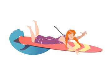 Redhead Woman Surfer Character on Surf Board Riding Moving Wave of Water and Waving Hand Vector Illustration