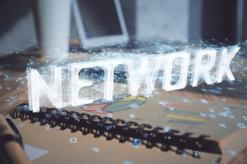 Multi exposure of data theme drawings and desk with open notebook background. Concept of education