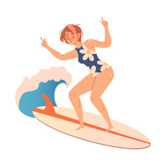 Woman Surfer Character on Surf Board Riding Moving Wave of Water Vector Illustration