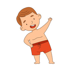 Little Boy Standing in Swimming Trunks Bending Right Vector Illustration