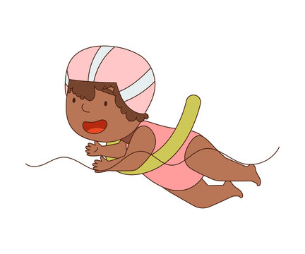 Little African American Girl In Swimsuit With Pool Noodle Swimming In Water Vector Illustration