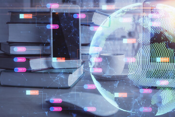 Double exposure of map drawing and cell phone background. Concept of data globalization