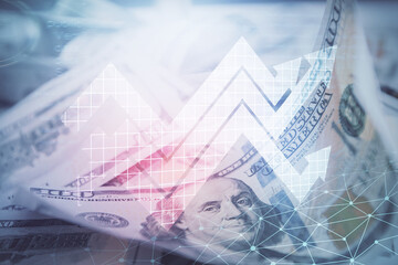 Fototapeta premium Double exposure of grow arrows drawing over usa dollars bill background. Concept of success.