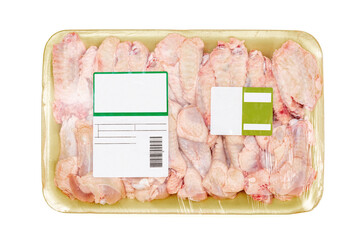 Raw chicken wings packed in a styrofoam plate with a label on white background.