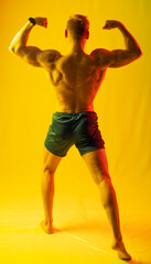 Fototapeta na wymiar muscular man in blue shorts posing shows, straining his muscles. yellow and red highlights on the face and background