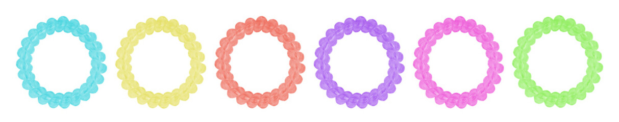 Set of transparent colored spiral scrunchy. Elastic hair bands in bright, isolated on white background. Rubber multi-colored bracelets on the wrist.