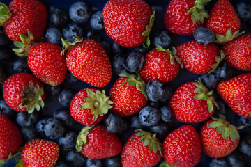 Fototapeta premium Background of assorted fresh berries of red juicy strawberries and blue blueberries close-up.