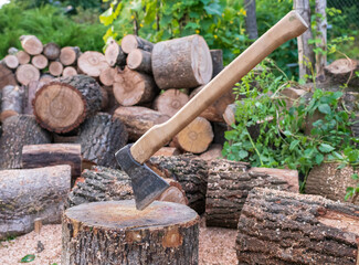 Photography on theme big steel axe with wooden handle