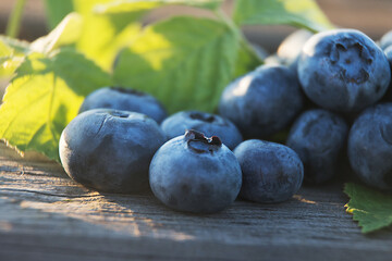 close-up blueberries on wooden background