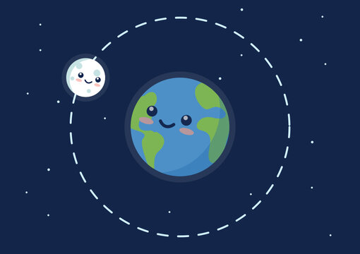 moon orbiting earth cute cartoon vector