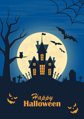 Halloween poster, scary party invitation flyer, banner. Dark castle, moon, bats, graves, tombstones, crosses, tree, owl, pumpkins. Halloween night vector illustration.