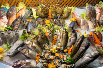 Fresh seafood is beautifully laid out on the counter