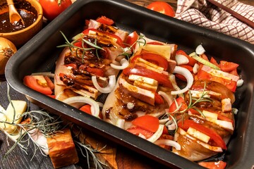 Raw chicken fillet on a cutting board with rosemary, spices, tomatoes and pepper. Portions of meat on the table. Keto diet.