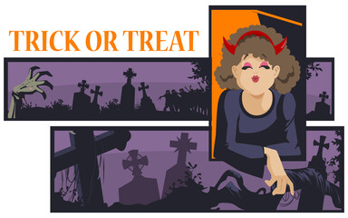 Clipart for holiday halloween. Happy girl blows a sweet kiss. Illustration for internet and mobile website.