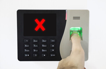 Biometric Fingerprint Scanner. Thumb on fingerprint. access control denied. unsuccessful entry.