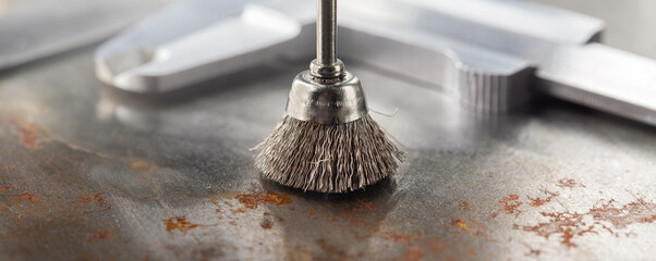 steel brush for drill clean off old metal sheet with rust