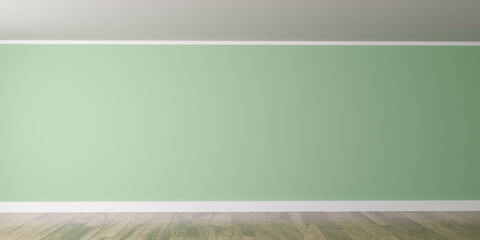 empty green wall studio room interior background with wooden floor 3d render illustration