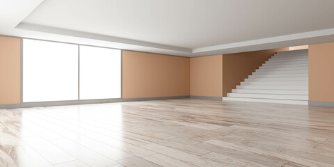 Empty room with orange walls and wood floor 3d render illustration