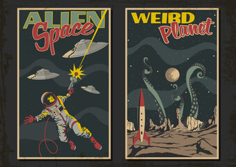 Retro Future Space Sci Fi Book Covers Style Illustrations, Astronaut, UFO, Monster, Space Rocket © koyash07