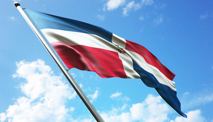 3D rendering illustration of the Dominican Republic flag with a blue sky background