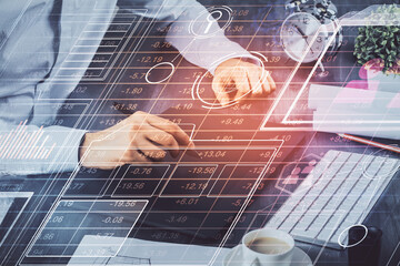 Multi exposure of man's hands holding and using a digital device and data theme drawing. Innovation concept.