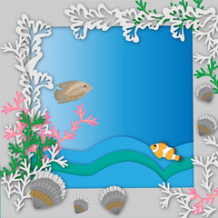 Fototapeta na wymiar background with shells, clownfish and other fish and vultures. Frame, background or card, bright illustration, cut out effect