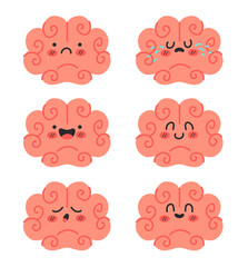Brain characters cartoon mood with different emotions isolated set