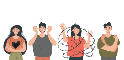 Depression sad unhappy desperate man woman boy girl people set. Vector flat cartoon graphic design illustration
