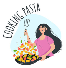 Woman girl character cooking pasta and vegetable. Vector flat cartoon graphic design illustration