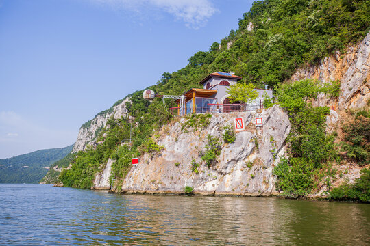 Danube River Nature Landscape. The Iron Gates Gorge, gorge on the river Danube. Eastern Serbia. View From Cruise Ship
