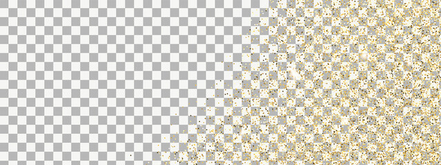 Sparkling falling gold dust on transparent background. Vector horizontal background with glitter and space for text.
