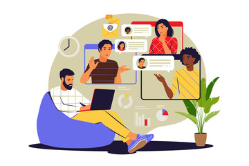 Group video concept. Collective virtual meeting or videoconference. Vector illustration. Flat.