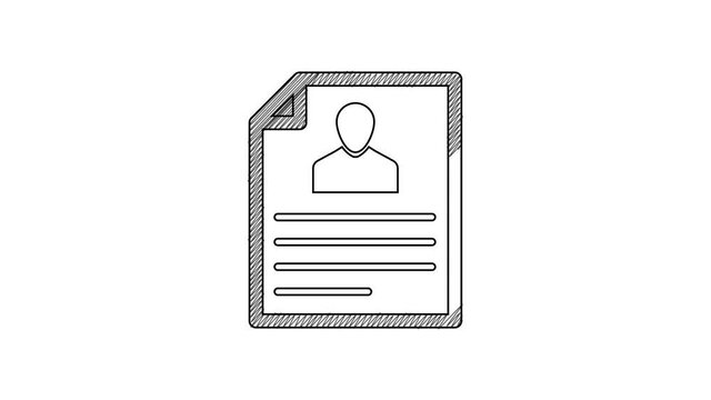 Black line Resume icon isolated on white background. CV application. Searching professional staff. Analyzing personnel resume. 4K Video motion graphic animation