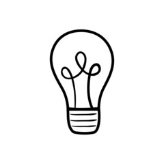 Shining light bulb sketch. Lightbulb doodle icon. Hand drawn line vector illustration isolated on white background. Creative concept of idea. Cartoon drawing. Graphic single symbol