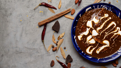 Mexican food. Enchiladas with mole sauce also called Enmoladas on grey background