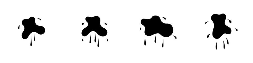 Conjunto de icono de mancha negro de pintura. Goteo de pintura líquido. Flujos de pintura. Ilustración vectorial