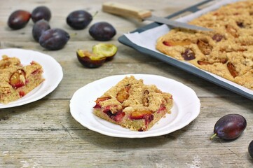 Healthy homemade whole grain cake with plums on white plate