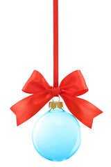 Blue transparent glass Christmas bauble hanging on a red satin ribbon with a bow, isolated on white