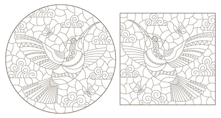 Set of contour illustrations of stained glass Windows with Hummingbird birds on a sky background, dark outlines on a white background, rectangular images