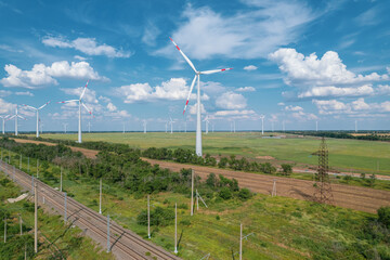 Fototapeta na wymiar Aerial view of Wind power turbine is a popular sustainable, renewable energy source on beautiful cloudy sky. Wind power turbines generating clean renewable energy for sustainable development.