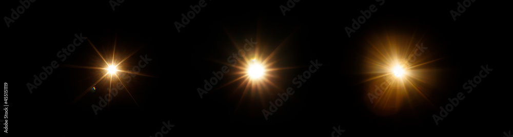 Aufkleber Easy to add lens flare effects for overlay designs or screen blending mode to make high-quality images. Set of abstract sun burst, digital flare, iridescent glare over black background.
