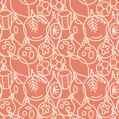 Beautiful monochrome seamless Pattern With Christmas Balls. Ornate winter linear background. Line vector illustration.