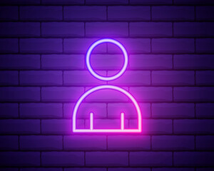 Male silhouette neon light icon. Gentlemen WC door glowing sign. Men's clothes department store. Vector isolated illustration isolated on brick wall.