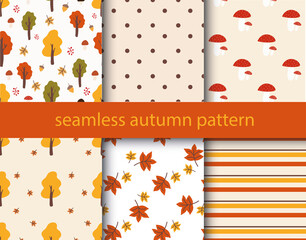 Six different autumn seamless models. Infinite texture for wallpaper, web page background, wrapping paper, etc. flat style. 
