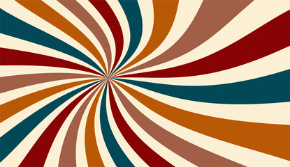 Retro sunburst background or starburst background in jewel tones of teal blue burgundy red brown orange and beige, spiral swirls of colors, groovy hippie background design, abstract 60s layout, hippy